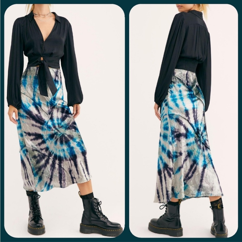 Free People Blue, Black & White Spiral Tie-Dye Midi Skirt